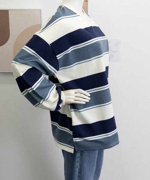 ボーダー柄 スウェット 配色 トレーナー レディーストップス 長袖カットソー スウェットシャツ 丸首 薄手トップス 体型カバー リラックス ゆったりプルオーバー 89NUOYI-003