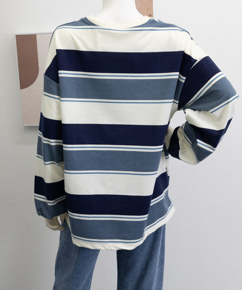 ボーダー柄 スウェット 配色 トレーナー レディーストップス 長袖カットソー スウェットシャツ 丸首 薄手トップス 体型カバー リラックス ゆったりプルオーバー 89NUOYI-003