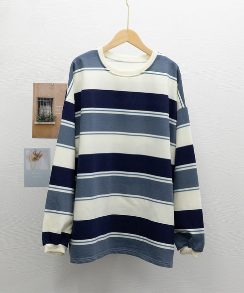 ボーダー柄 スウェット 配色 トレーナー レディーストップス 長袖カットソー スウェットシャツ 丸首 薄手トップス 体型カバー リラックス ゆったりプルオーバー 89NUOYI-003