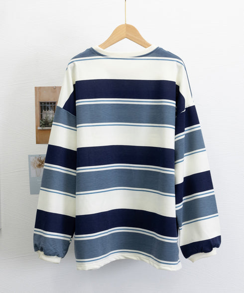 ボーダー柄 スウェット 配色 トレーナー レディーストップス 長袖カットソー スウェットシャツ 丸首 薄手トップス 体型カバー リラックス ゆったりプルオーバー 89NUOYI-003