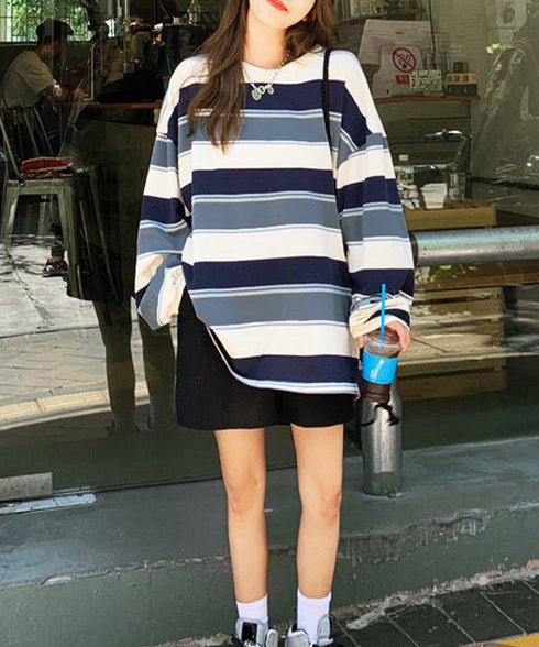 ボーダー柄 スウェット 配色 トレーナー レディーストップス 長袖カットソー スウェットシャツ 丸首 薄手トップス 体型カバー リラックス ゆったりプルオーバー 89NUOYI-003