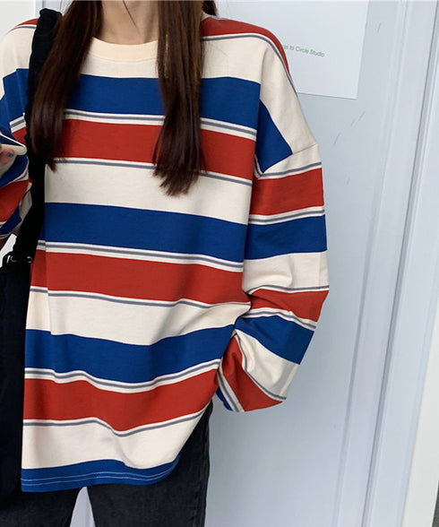 ボーダー柄 スウェット 配色 トレーナー レディーストップス 長袖カットソー スウェットシャツ 丸首 薄手トップス 体型カバー リラックス ゆったりプルオーバー 89NUOYI-003
