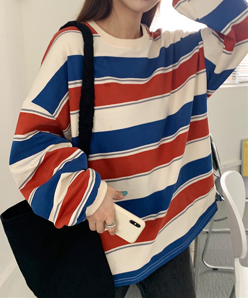 ボーダー柄 スウェット 配色 トレーナー レディーストップス 長袖カットソー スウェットシャツ 丸首 薄手トップス 体型カバー リラックス ゆったりプルオーバー 89NUOYI-003