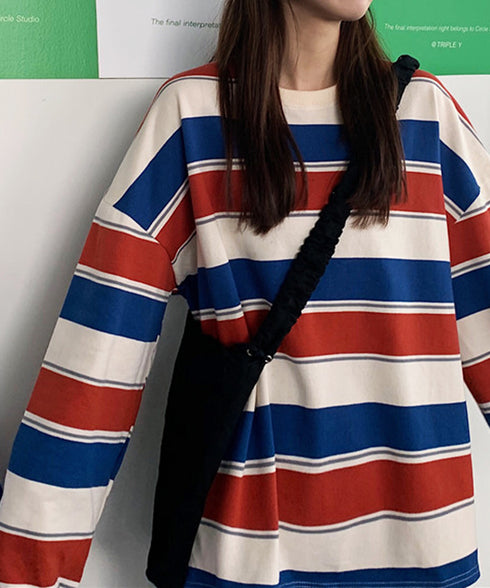 ボーダー柄 スウェット 配色 トレーナー レディーストップス 長袖カットソー スウェットシャツ 丸首 薄手トップス 体型カバー リラックス ゆったりプルオーバー 89NUOYI-003