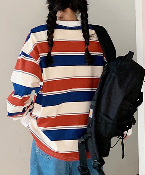 ボーダー柄 スウェット 配色 トレーナー レディーストップス 長袖カットソー スウェットシャツ 丸首 薄手トップス 体型カバー リラックス ゆったりプルオーバー 89NUOYI-003