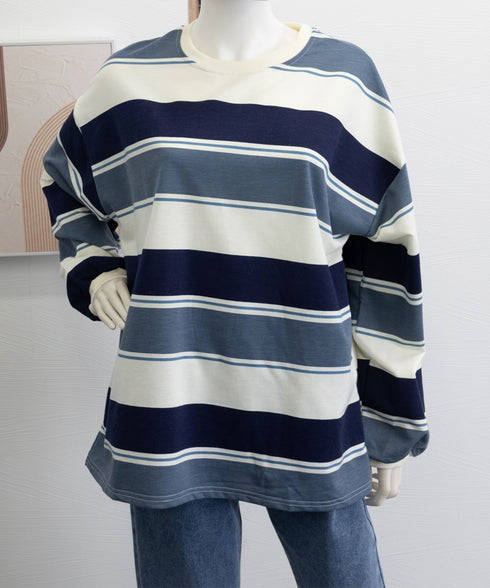 ボーダー柄 スウェット 配色 トレーナー レディーストップス 長袖カットソー スウェットシャツ 丸首 薄手トップス 体型カバー リラックス ゆったりプルオーバー 89NUOYI-003