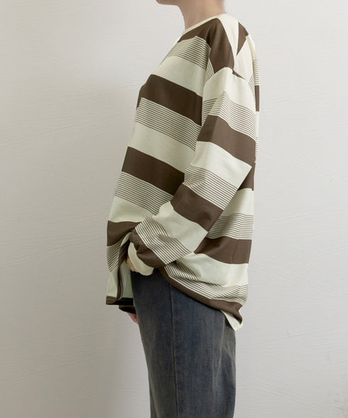 ボーダー柄Tシャツカットソープルオーバー レディース 長袖Tシャツ 大きいサイズ 丸首 春秋薄手トップス 体型カバー 着やせ服 クルーネック プルオーバーおしゃれ 89NUOYI-004