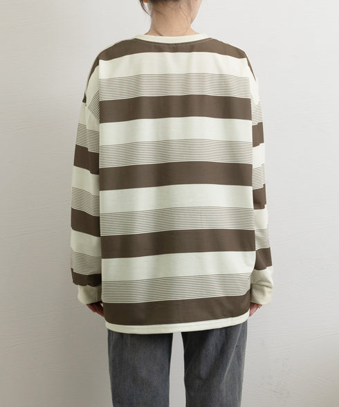 ボーダー柄Tシャツカットソープルオーバー レディース 長袖Tシャツ 大きいサイズ 丸首 春秋薄手トップス 体型カバー 着やせ服 クルーネック プルオーバーおしゃれ 89NUOYI-004