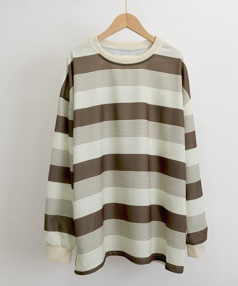 ボーダー柄Tシャツカットソープルオーバー レディース 長袖Tシャツ 大きいサイズ 丸首 春秋薄手トップス 体型カバー 着やせ服 クルーネック プルオーバーおしゃれ 89NUOYI-004