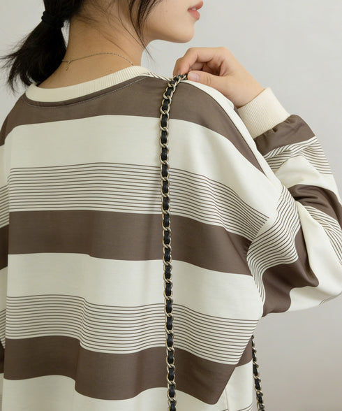 ボーダー柄Tシャツカットソープルオーバー レディース 長袖Tシャツ 大きいサイズ 丸首 春秋薄手トップス 体型カバー 着やせ服 クルーネック プルオーバーおしゃれ 89NUOYI-004