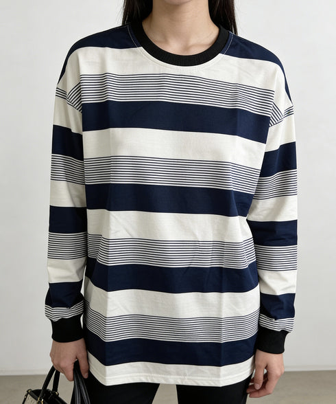 ボーダー柄Tシャツカットソープルオーバー レディース 長袖Tシャツ 大きいサイズ 丸首 春秋薄手トップス 体型カバー 着やせ服 クルーネック プルオーバーおしゃれ 89NUOYI-004