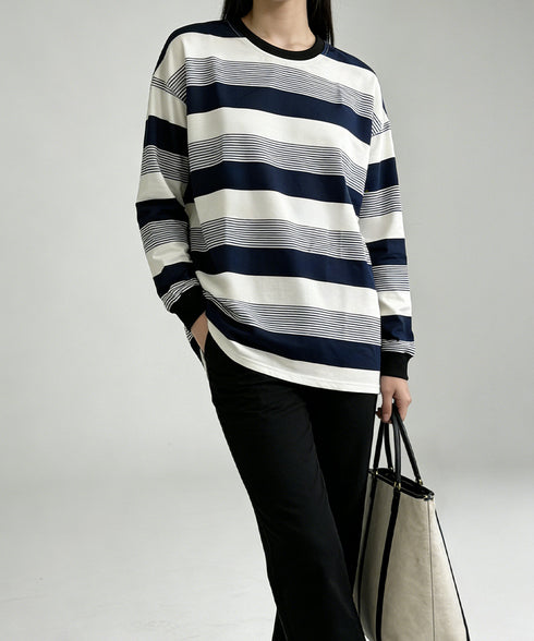 ボーダー柄Tシャツカットソープルオーバー レディース 長袖Tシャツ 大きいサイズ 丸首 春秋薄手トップス 体型カバー 着やせ服 クルーネック プルオーバーおしゃれ 89NUOYI-004