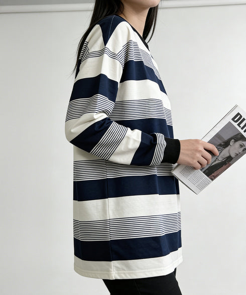 ボーダー柄Tシャツカットソープルオーバー レディース 長袖Tシャツ 大きいサイズ 丸首 春秋薄手トップス 体型カバー 着やせ服 クルーネック プルオーバーおしゃれ 89NUOYI-004