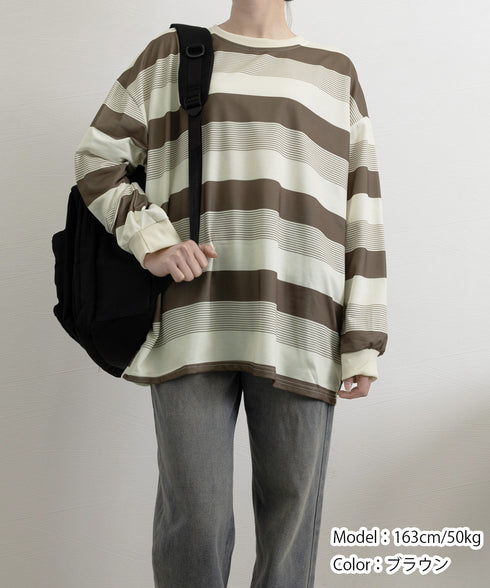 ボーダー柄Tシャツカットソープルオーバー レディース 長袖Tシャツ 大きいサイズ 丸首 春秋薄手トップス 体型カバー 着やせ服 クルーネック プルオーバーおしゃれ 89NUOYI-004