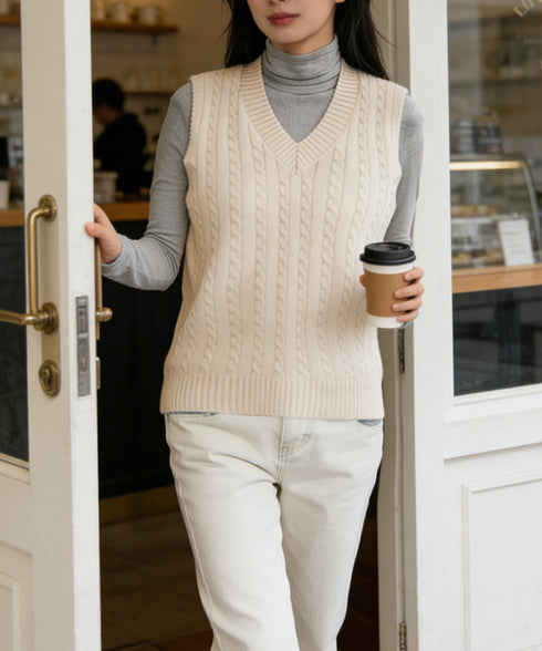 ニットベスト ケーブル編み 重ね着韓国風 体型カバー レイヤードベスト レディース 大人カジュアル ニットトップス Vネック ニットジレ ノースリーブニットソー 89PYHY-001