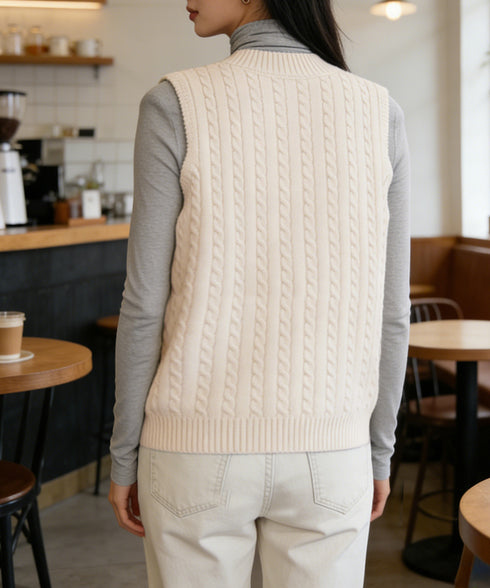 ニットベスト ケーブル編み 重ね着韓国風 体型カバー レイヤードベスト レディース 大人カジュアル ニットトップス Vネック ニットジレ ノースリーブニットソー 89PYHY-001