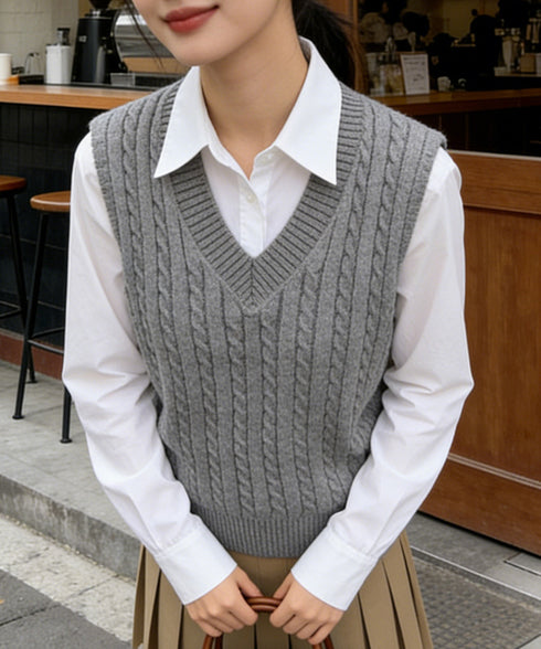 ニットベスト ケーブル編み 重ね着韓国風 体型カバー レイヤードベスト レディース 大人カジュアル ニットトップス Vネック ニットジレ ノースリーブニットソー 89PYHY-001