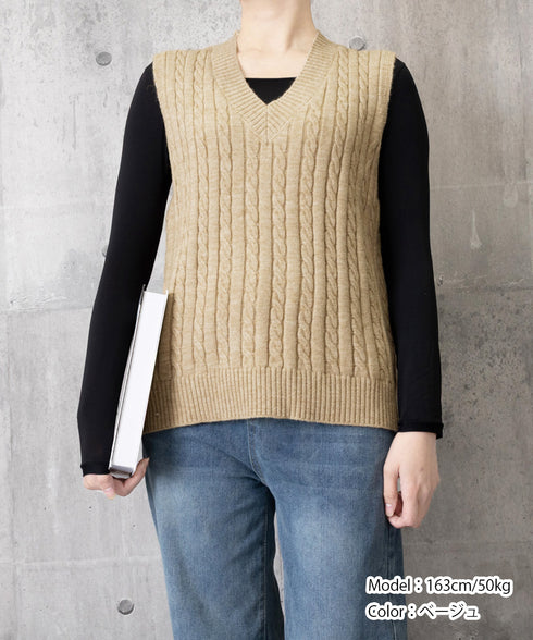 ニットベスト ケーブル編み 重ね着韓国風 体型カバー レイヤードベスト レディース 大人カジュアル ニットトップス Vネック ニットジレ ノースリーブニットソー 89PYHY-001