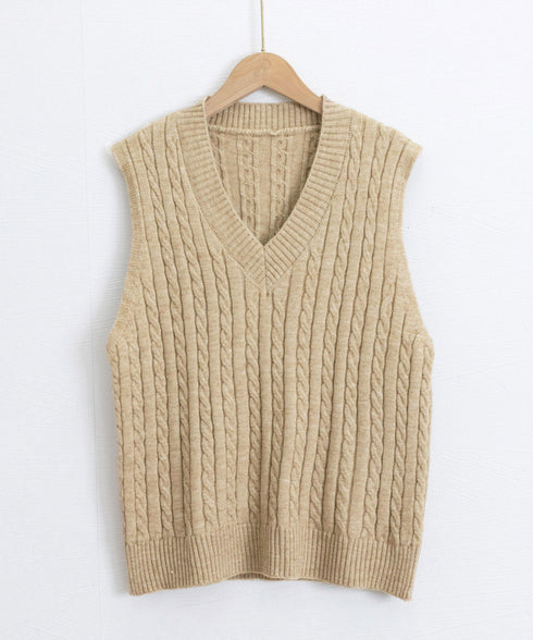 ニットベスト ケーブル編み 重ね着韓国風 体型カバー レイヤードベスト レディース 大人カジュアル ニットトップス Vネック ニットジレ ノースリーブニットソー 89PYHY-001