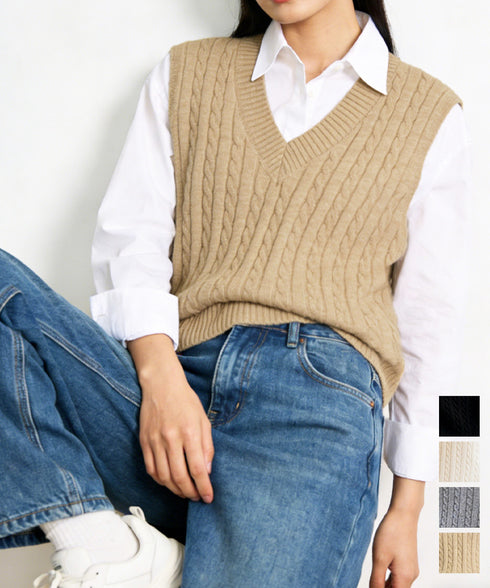 ニットベスト ケーブル編み 重ね着韓国風 体型カバー レイヤードベスト レディース 大人カジュアル ニットトップス Vネック ニットジレ ノースリーブニットソー 89PYHY-001