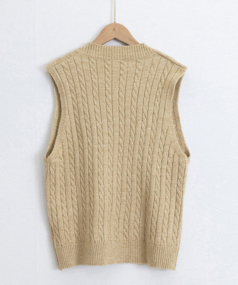 ニットベスト ケーブル編み 重ね着韓国風 体型カバー レイヤードベスト レディース 大人カジュアル ニットトップス Vネック ニットジレ ノースリーブニットソー 89PYHY-001