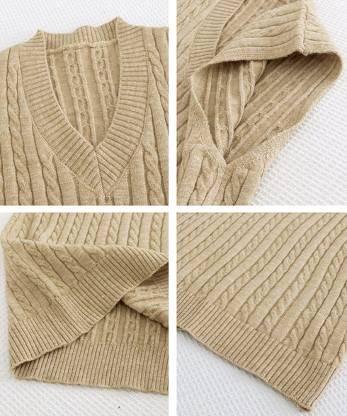 ニットベスト ケーブル編み 重ね着韓国風 体型カバー レイヤードベスト レディース 大人カジュアル ニットトップス Vネック ニットジレ ノースリーブニットソー 89PYHY-001