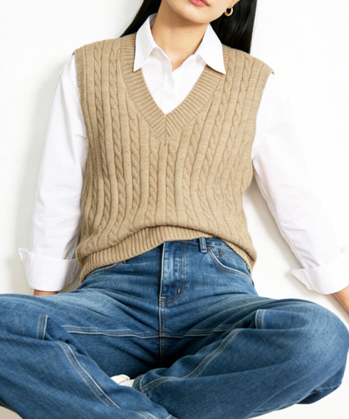 ニットベスト ケーブル編み 重ね着韓国風 体型カバー レイヤードベスト レディース 大人カジュアル ニットトップス Vネック ニットジレ ノースリーブニットソー 89PYHY-001