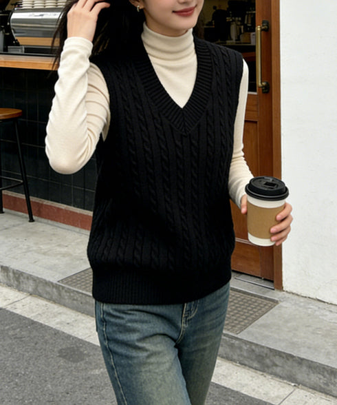 ニットベスト ケーブル編み 重ね着韓国風 体型カバー レイヤードベスト レディース 大人カジュアル ニットトップス Vネック ニットジレ ノースリーブニットソー 89PYHY-001