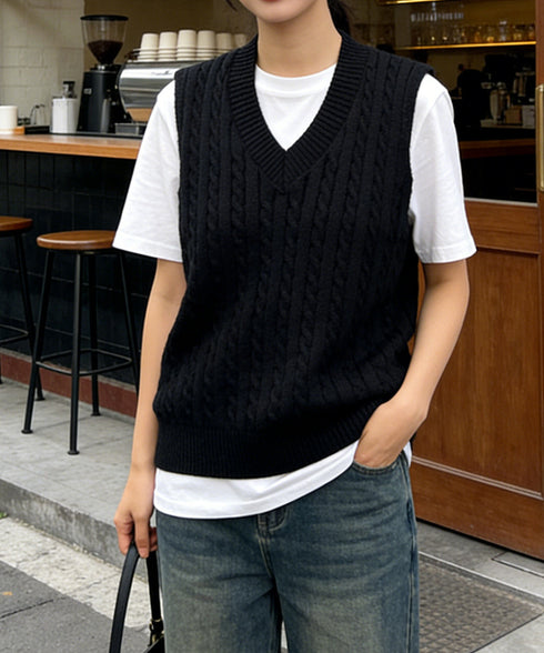 ニットベスト ケーブル編み 重ね着韓国風 体型カバー レイヤードベスト レディース 大人カジュアル ニットトップス Vネック ニットジレ ノースリーブニットソー 89PYHY-001