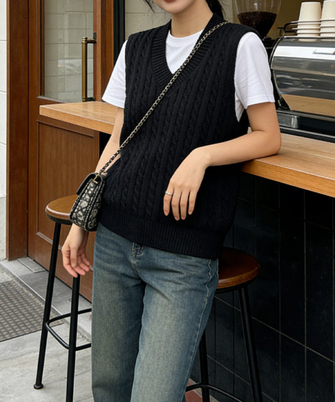 ニットベスト ケーブル編み 重ね着韓国風 体型カバー レイヤードベスト レディース 大人カジュアル ニットトップス Vネック ニットジレ ノースリーブニットソー 89PYHY-001