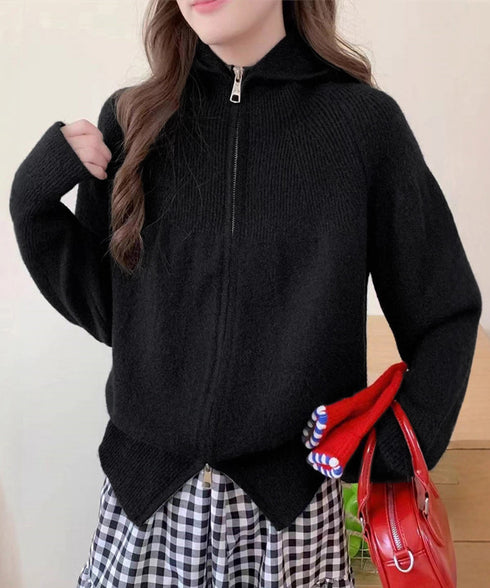 ダブルジップニットカーディガン 羽織 春 フード付きニットパーカー 体型カバー レディースフーディ 大人カジュアル 暖かいリブニットトップス ライトアウター 通学 89QIU-002