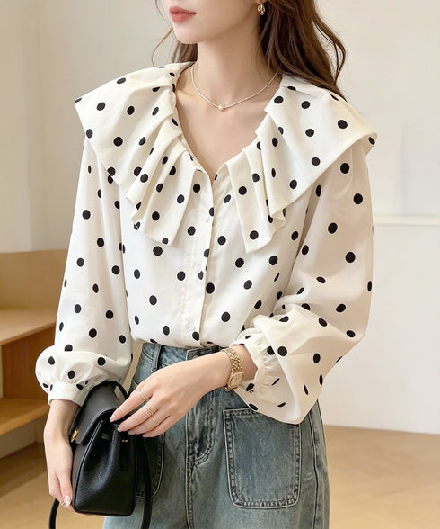 ドット柄シャツブラウスビッグカラー春夏秋 レディース フリルカラー 長袖トップス 大人女性 おしゃれ 薄手 ブラウス 韓国風 きれいめシャツブラウス ボリューム袖 89SHPIN-001