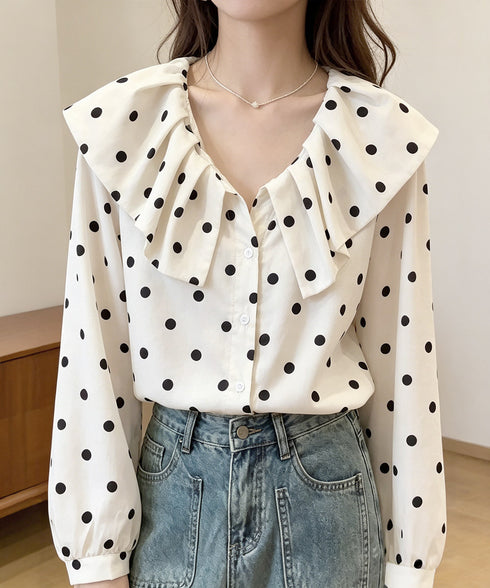 ドット柄シャツブラウスビッグカラー春夏秋 レディース フリルカラー 長袖トップス 大人女性 おしゃれ 薄手 ブラウス 韓国風 きれいめシャツブラウス ボリューム袖 89SHPIN-001