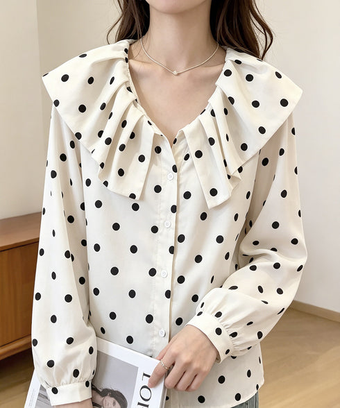 ドット柄シャツブラウスビッグカラー春夏秋 レディース フリルカラー 長袖トップス 大人女性 おしゃれ 薄手 ブラウス 韓国風 きれいめシャツブラウス ボリューム袖 89SHPIN-001