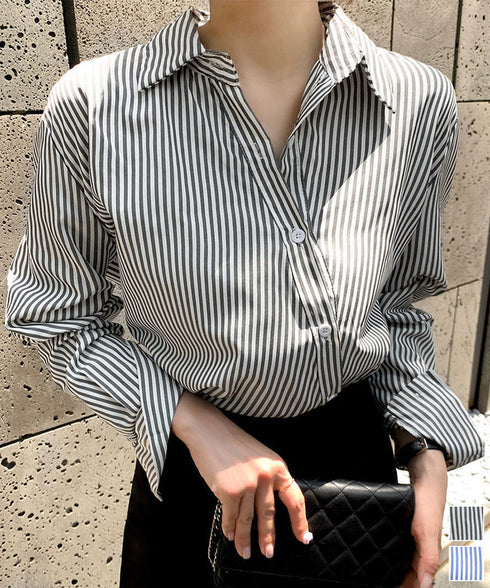 ストライプ シャツブラウス 薄手 韓国風 レディース 長袖 縦ライン柄トップス シャツ 大人女子 襟付き通勤服 オフィスカジュアル 斜めボタン 体型カバー 着やせ 89SHPIN-002
