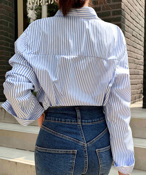 ストライプ シャツブラウス 薄手 韓国風 レディース 長袖 縦ライン柄トップス シャツ 大人女子 襟付き通勤服 オフィスカジュアル 斜めボタン 体型カバー 着やせ 89SHPIN-002