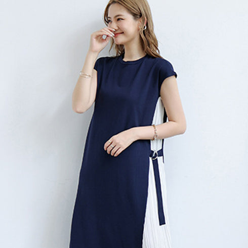 ワンピース サイドプリーツ ロング 夏 半袖ロングワンピース 配色ワンピ オフィス カジュアル 大人かわいい Aライン フレア シンプル 体型カバー 通勤 89TENG-003