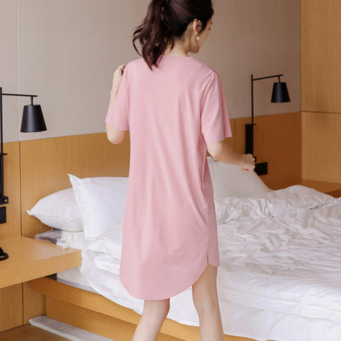 Tシャツワンピース ルームウェア ワンピ tシャツパジャマ 薄手 部屋着 細めリブ 半袖 トップス スリット入り 体型カバー レディース 涼しげ リラックス 89TENG-006