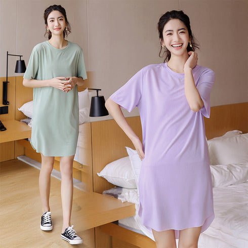 Tシャツワンピース ルームウェア ワンピ tシャツパジャマ 薄手 部屋着 細めリブ 半袖 トップス スリット入り 体型カバー レディース 涼しげ リラックス 89TENG-006