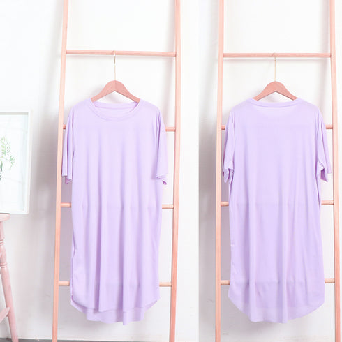 Tシャツワンピース ルームウェア ワンピ tシャツパジャマ 薄手 部屋着 細めリブ 半袖 トップス スリット入り 体型カバー レディース 涼しげ リラックス 89TENG-006