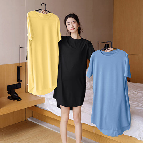 Tシャツワンピース ルームウェア ワンピ tシャツパジャマ 薄手 部屋着 細めリブ 半袖 トップス スリット入り 体型カバー レディース 涼しげ リラックス 89TENG-006