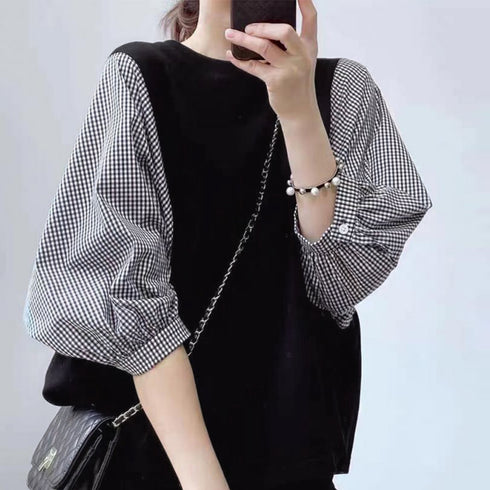 ドッキングトップス クルーネックブラウス 5分袖 Tシャツ 切替 レディース ゆったり チェック柄 異素材ボリューム袖 プルオーバー 大人フェミニン カジュアル 89TENG-007