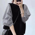 ドッキングトップス クルーネックブラウス 5分袖 Tシャツ 切替 レディース ゆったり チェック柄 異素材ボリューム袖 プルオーバー 大人フェミニン カジュアル 89TENG-007