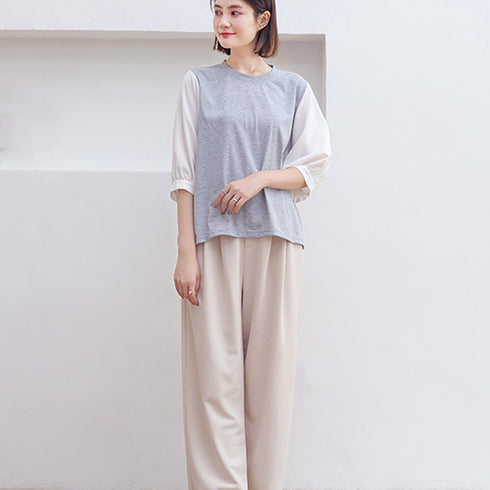 ドッキングトップス クルーネックブラウス 5分袖 Tシャツ 切替 レディース ゆったり チェック柄 異素材ボリューム袖 プルオーバー 大人フェミニン カジュアル 89TENG-007