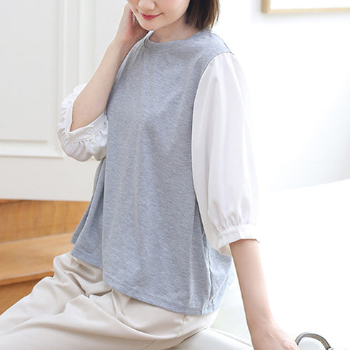 ドッキングトップス クルーネックブラウス 5分袖 Tシャツ 切替 レディース ゆったり チェック柄 異素材ボリューム袖 プルオーバー 大人フェミニン カジュアル 89TENG-007