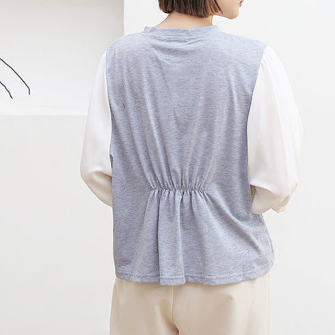 ドッキングトップス クルーネックブラウス 5分袖 Tシャツ 切替 レディース ゆったり チェック柄 異素材ボリューム袖 プルオーバー 大人フェミニン カジュアル 89TENG-007