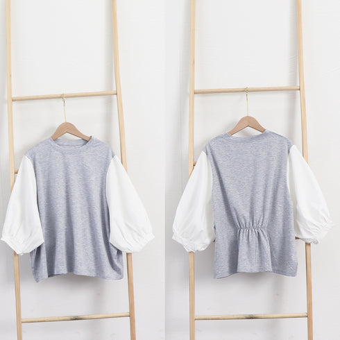 ドッキングトップス クルーネックブラウス 5分袖 Tシャツ 切替 レディース ゆったり チェック柄 異素材ボリューム袖 プルオーバー 大人フェミニン カジュアル 89TENG-007