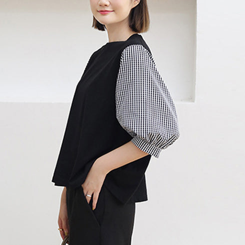 ドッキングトップス クルーネックブラウス 5分袖 Tシャツ 切替 レディース ゆったり チェック柄 異素材ボリューム袖 プルオーバー 大人フェミニン カジュアル 89TENG-007