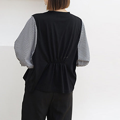 ドッキングトップス クルーネックブラウス 5分袖 Tシャツ 切替 レディース ゆったり チェック柄 異素材ボリューム袖 プルオーバー 大人フェミニン カジュアル 89TENG-007