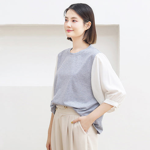 ドッキングトップス クルーネックブラウス 5分袖 Tシャツ 切替 レディース ゆったり チェック柄 異素材ボリューム袖 プルオーバー 大人フェミニン カジュアル 89TENG-007